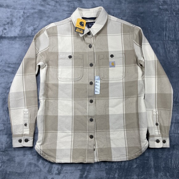 Carhartt Tops - Carhartt Women's Loose Twill Shirt Jacket Shacket Beige Plaid Size XS Cotton NEW